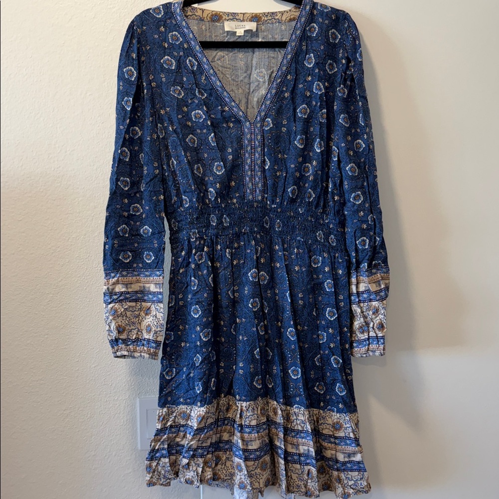 Lucky Brand Blue and Cream Long Sleeve Dress